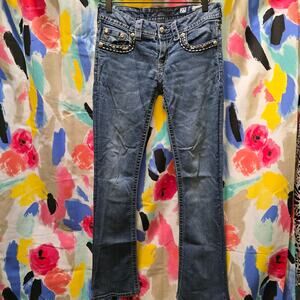 Miss Me embellished signature rise bootcut jeans flap pockets studs stitching 27